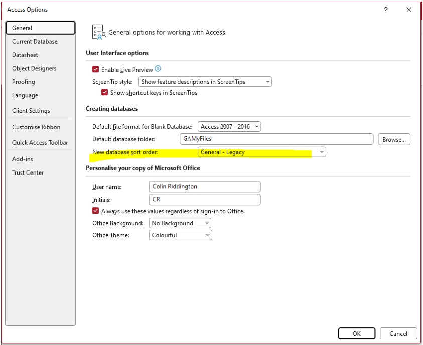 Database Options - Sort Order.