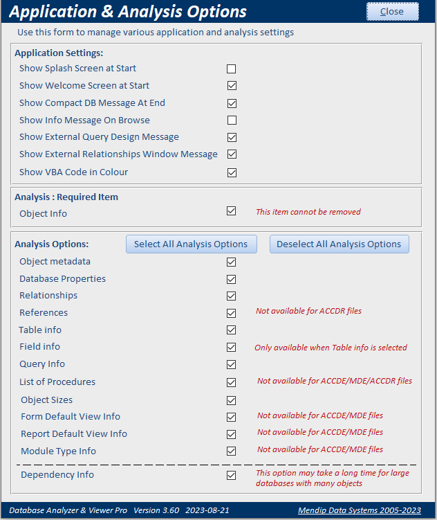 Analysis Options