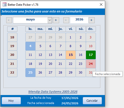 Holidays & Events Control Tip Text - Spanish