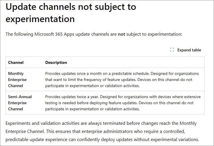 Channels not subject to Experimentation