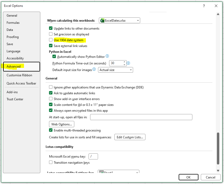 Excel date options