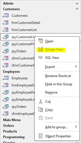 Design View Shortcut Disable  