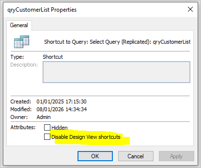 Disable Design View Shortcuts