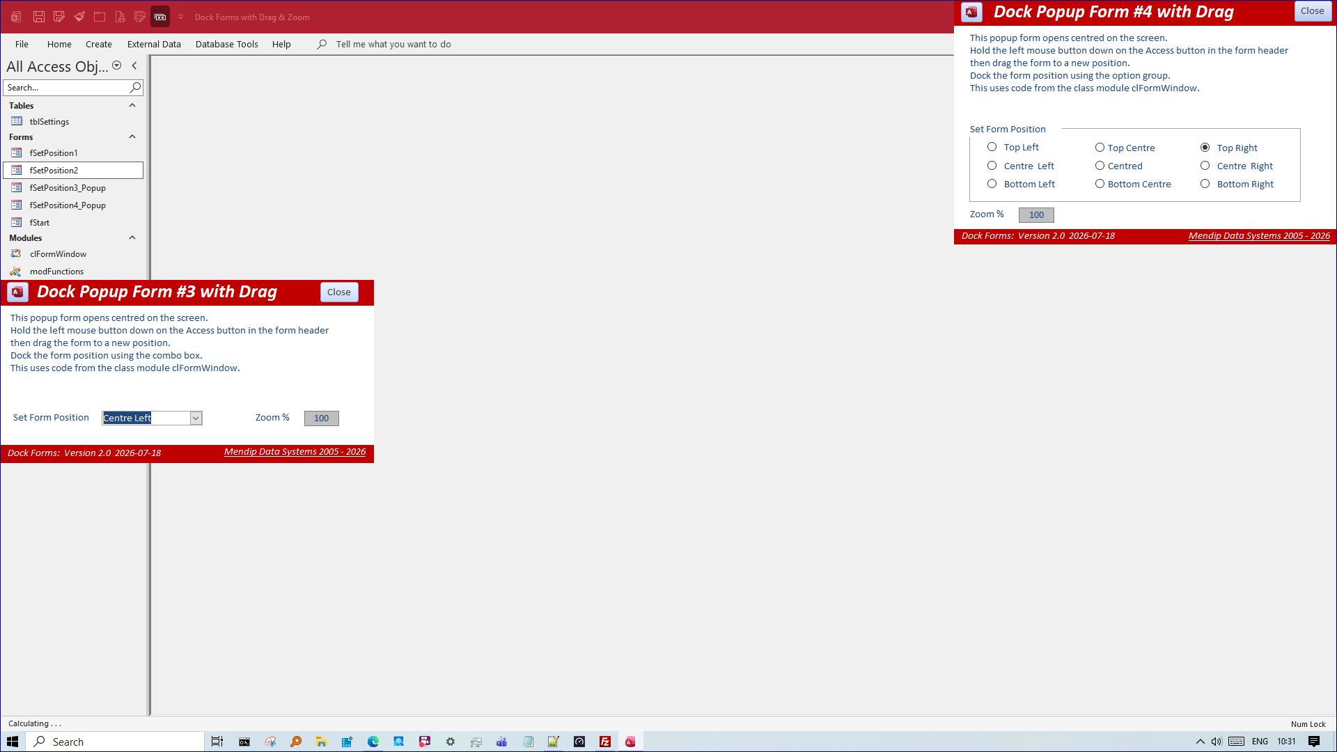 Dock Popup Forms Example