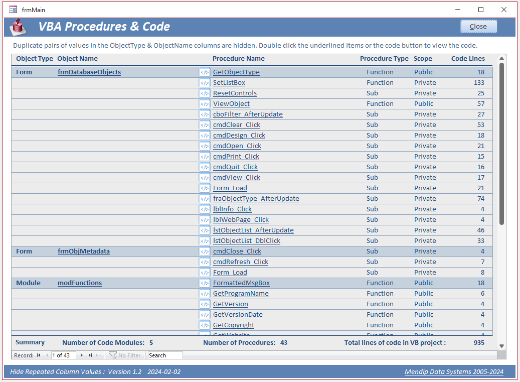 Procedures - Hide Duplicates