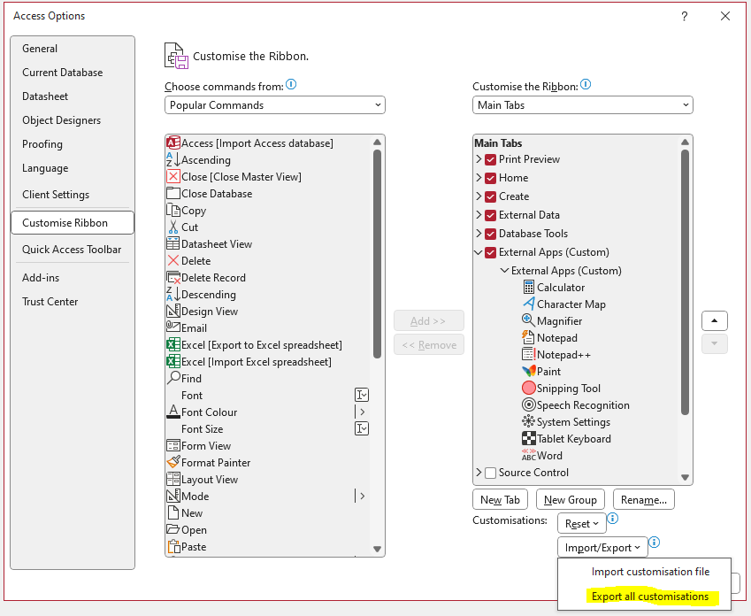 Export Customisations