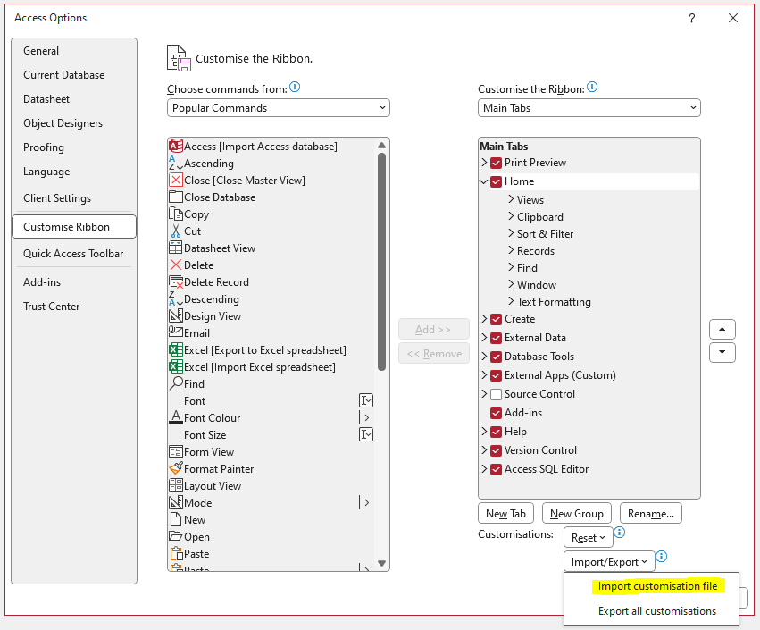 Import Customisation File