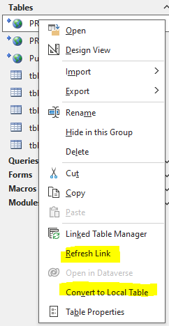 Linked Table Menu Items Enabled