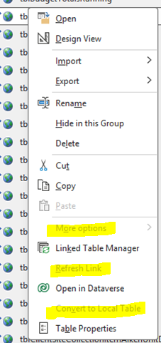 Linked Table Items Disabled