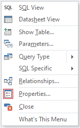 Query Design View Context Menu