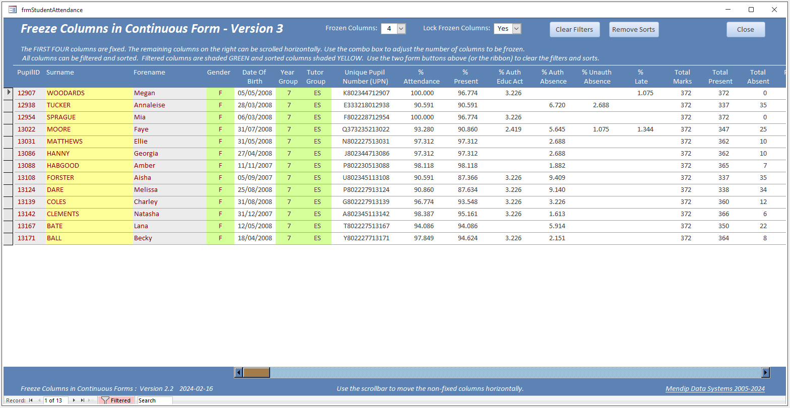 4 Columns Frozen, Sorted & Filtered
