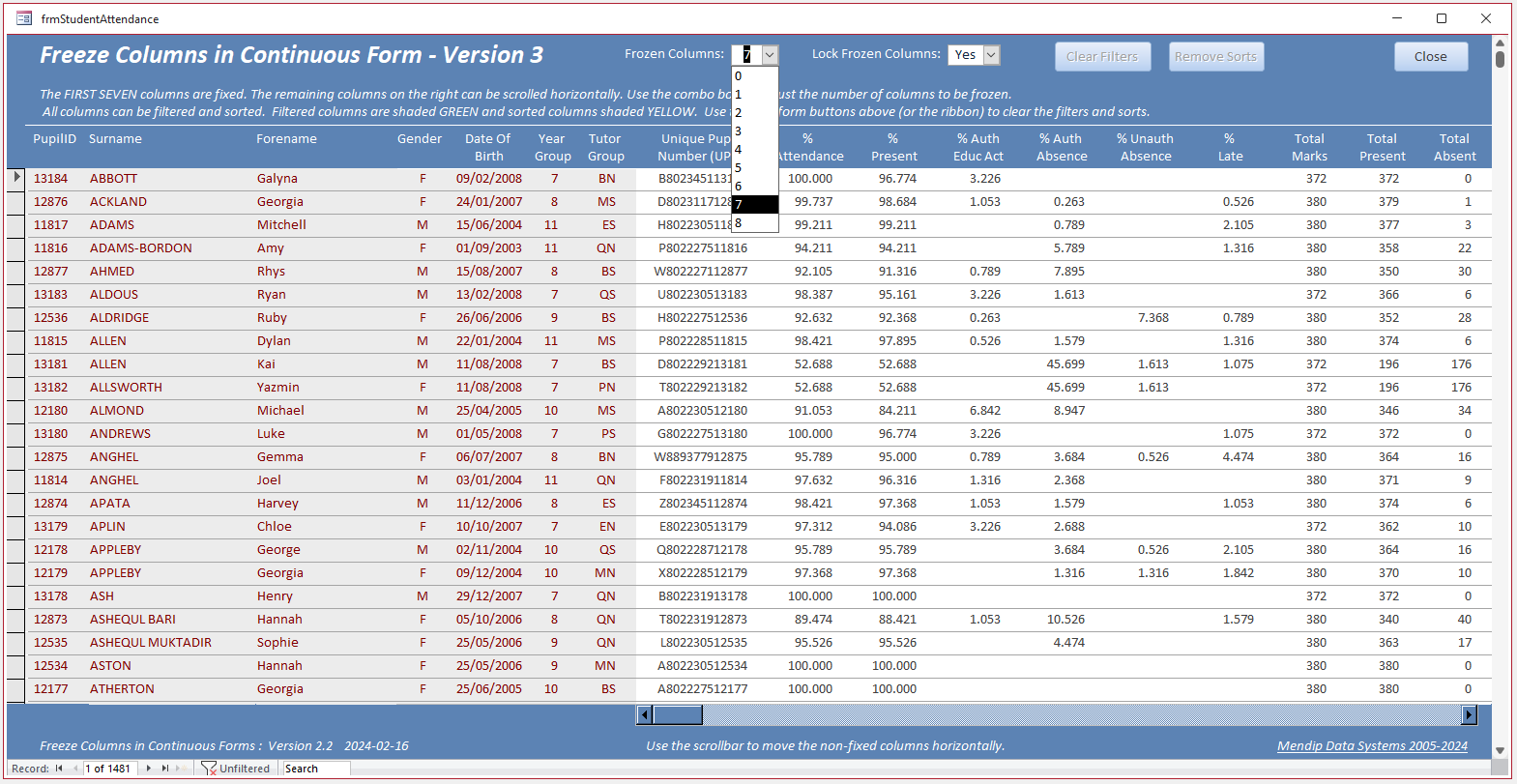 7 Columns Frozen & Locked