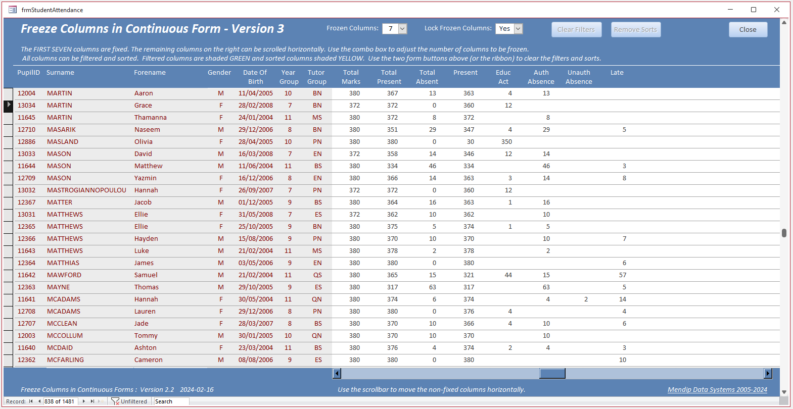 7 Columns Frozen, Locked & Scrolled