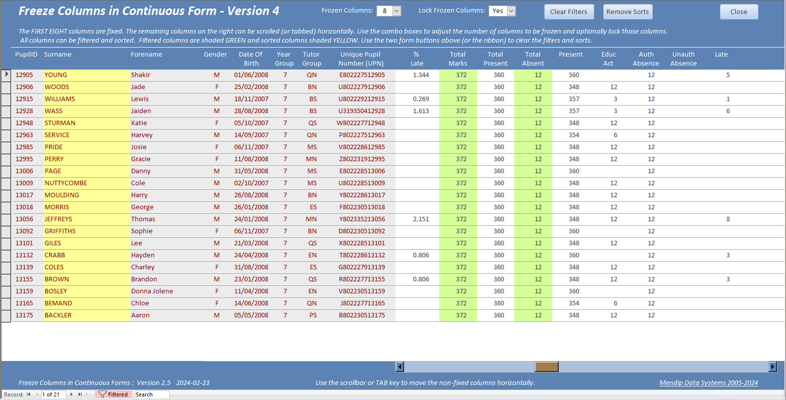 8 Columns Frozen, Filtered, Sorted & Scrolled