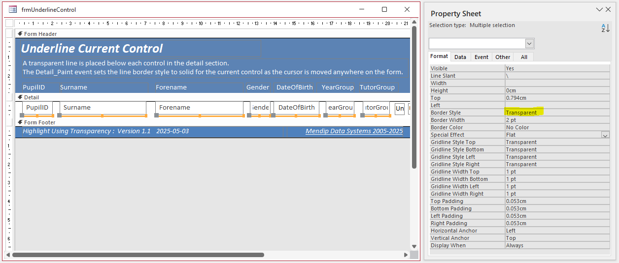 Underline Current Control Design View