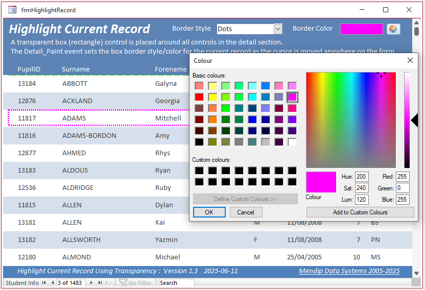 Select Border Color - Current Record