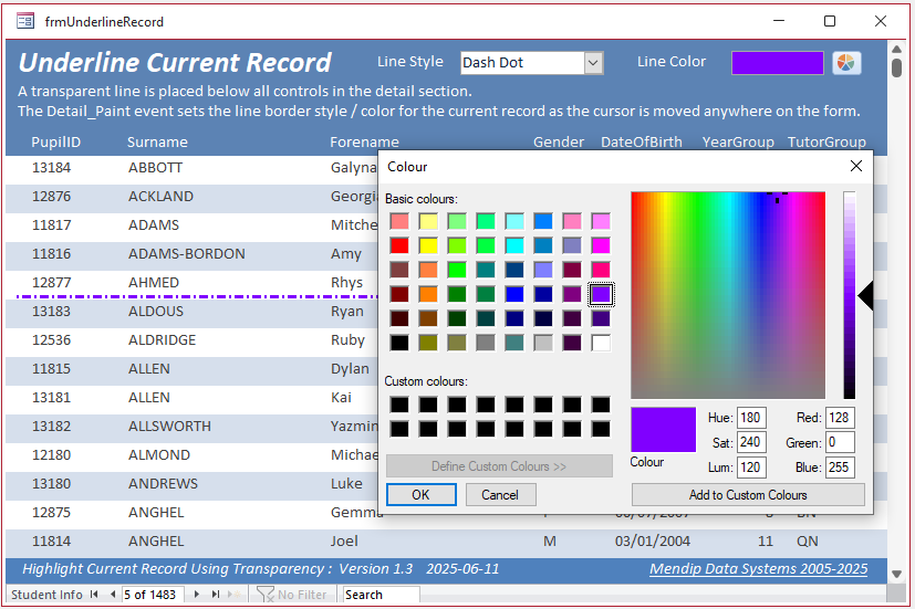 Select Line Color - Current Record