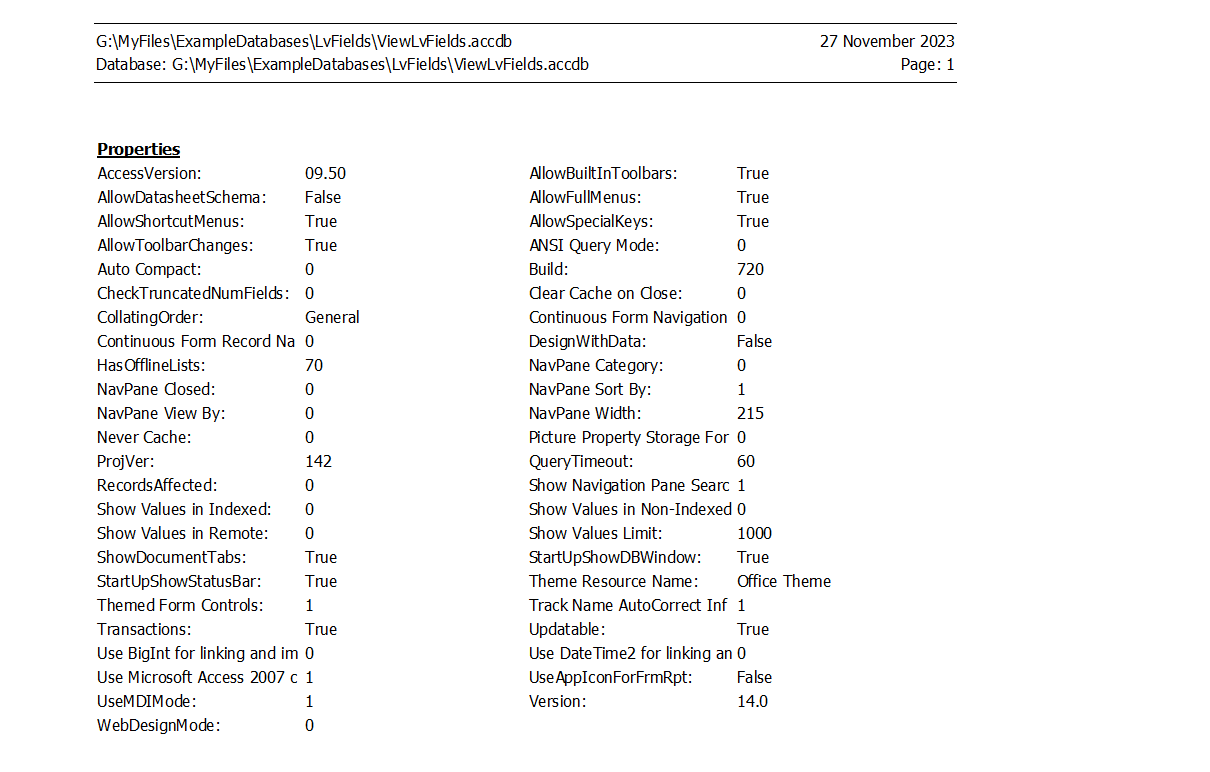 DB Properties Report