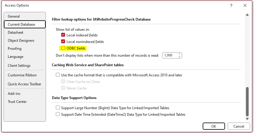 Access Options ODBC Fields 