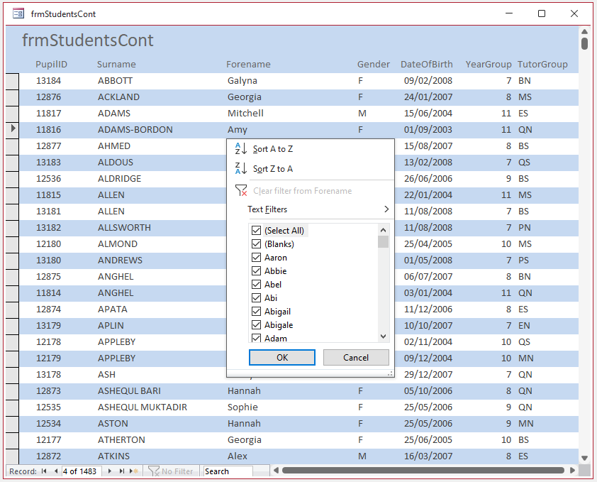 Multiselect Code Filter Continuous Form