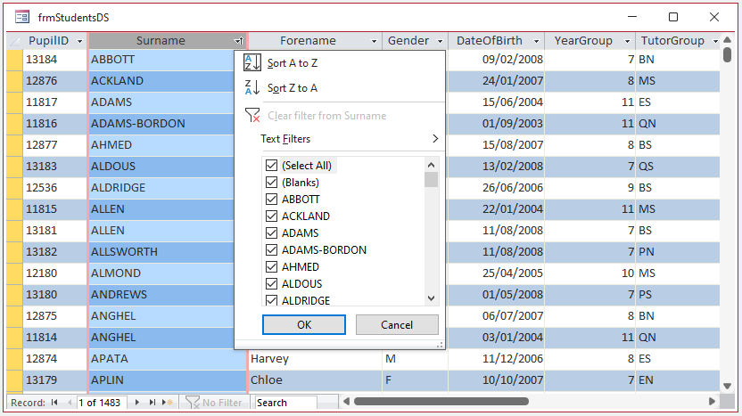 Multiselect Datasheet Filter