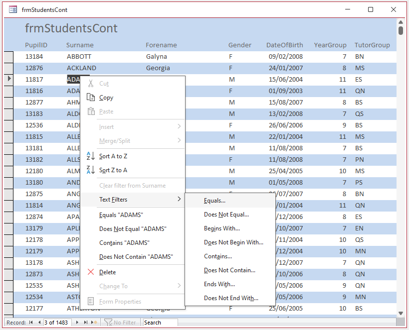 Right Click Continuous Form Filter