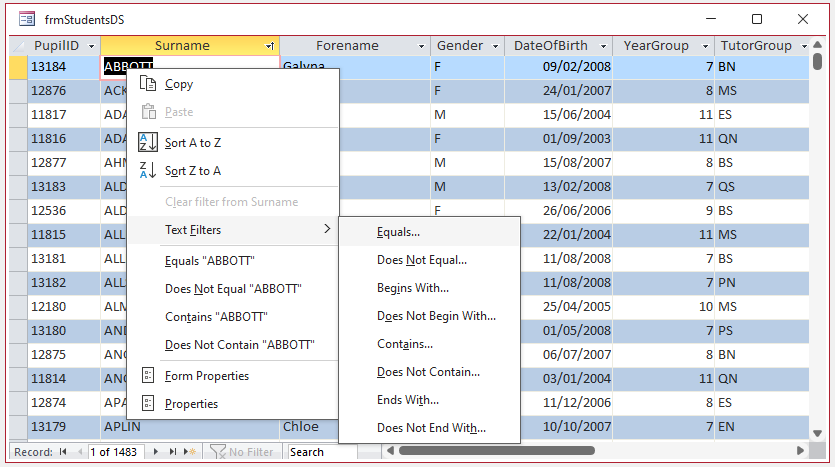 Right Click Datasheet Filter