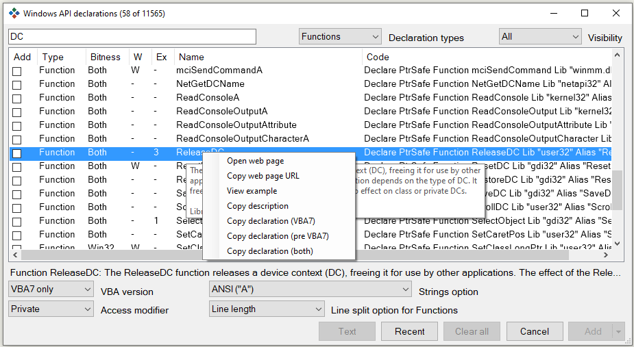 Windows API Example Options