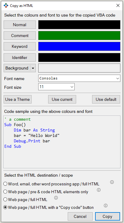 Copy As HTML dialog