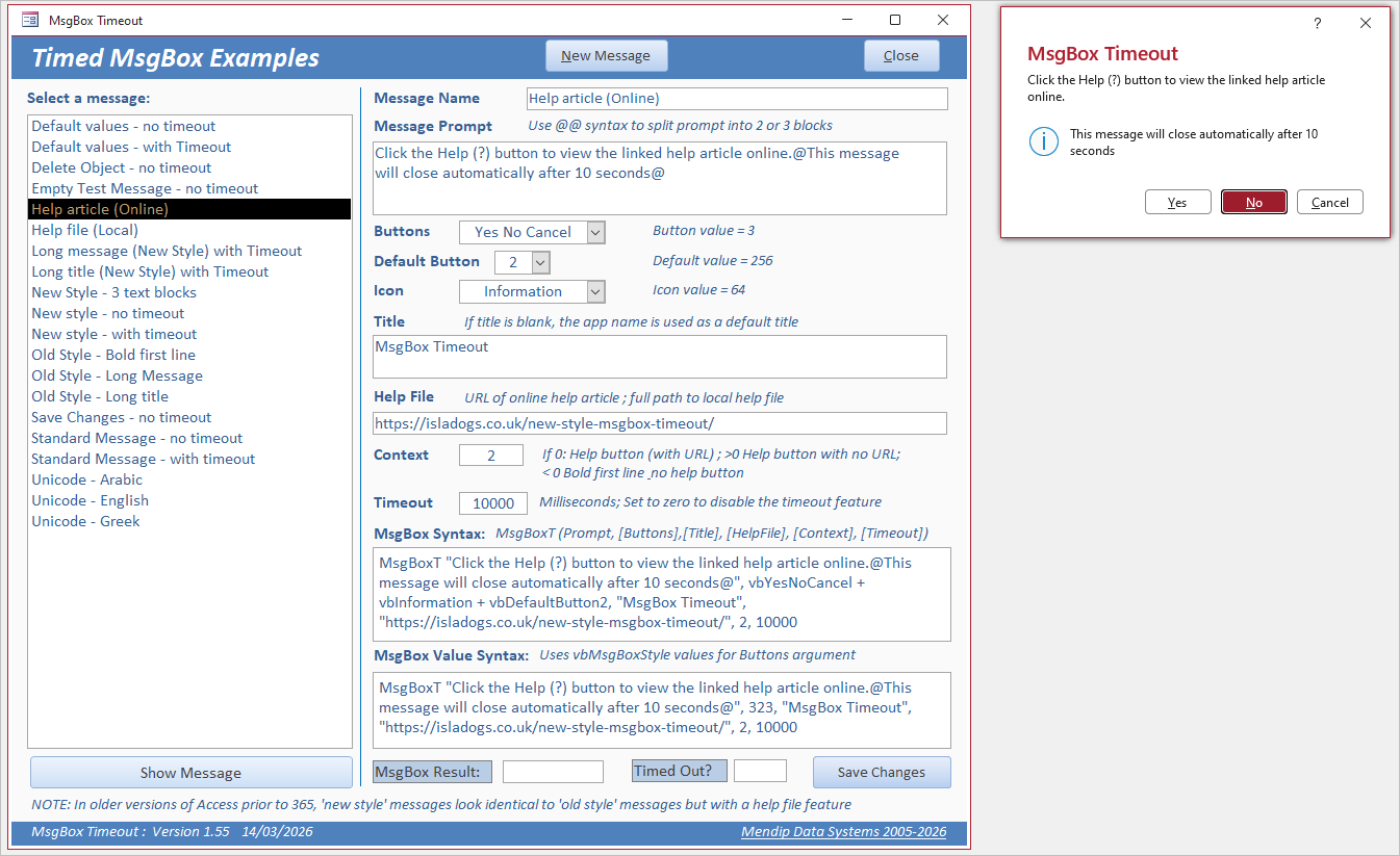New Style Message with Help Button and Timeout