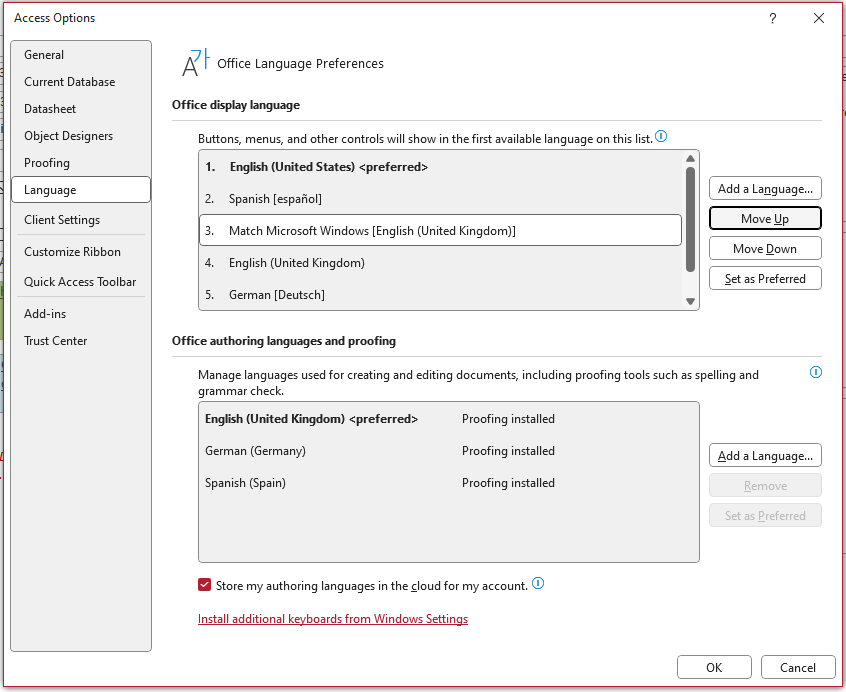 Access Language Options English (United States)