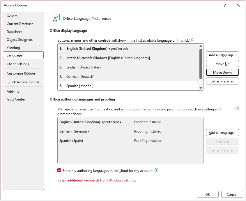 Access Language Order Changed