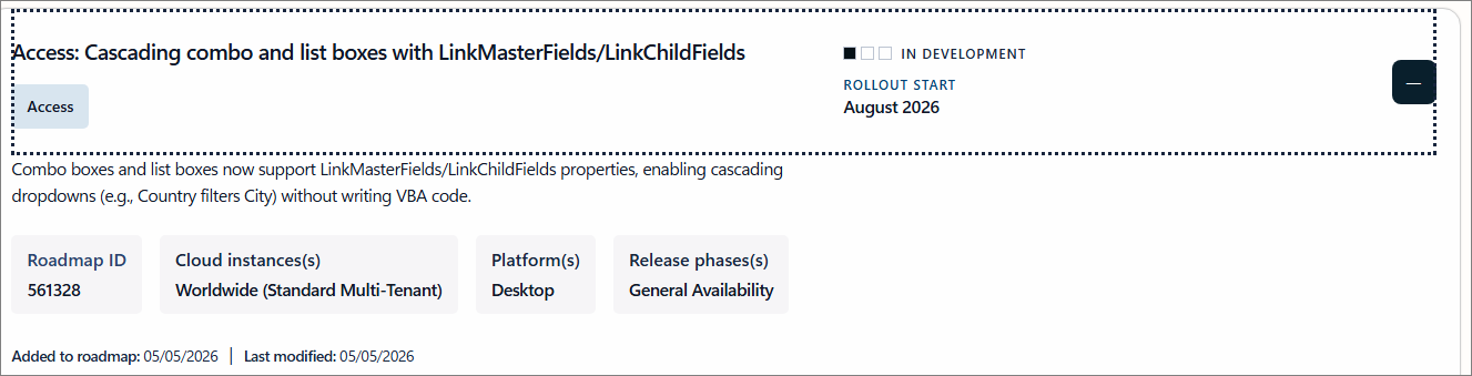 365 Roadmap Aug 2026 - Cascading Comboboxes /  ListBoxes