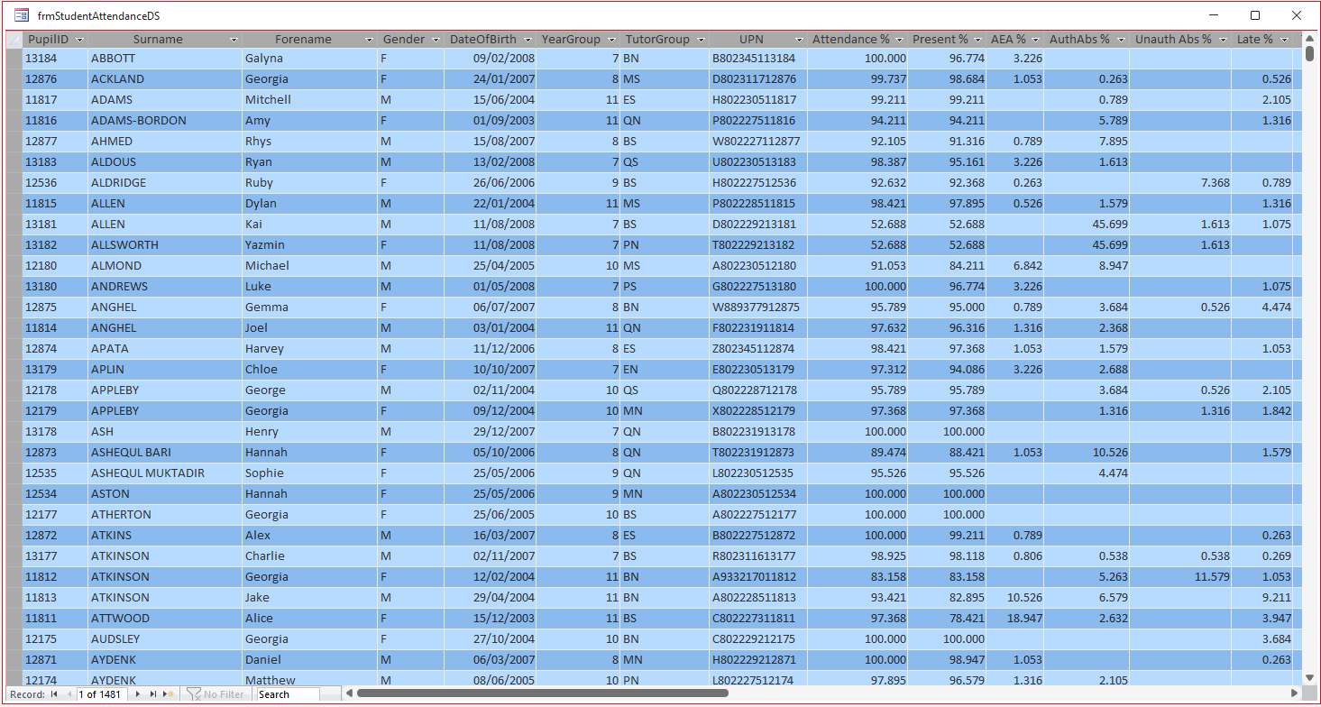 Select All in Datasheet Form