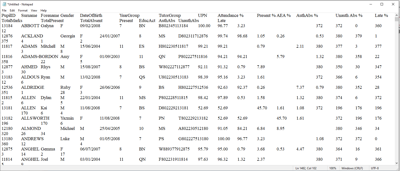 Data Pasted Into Notepad
