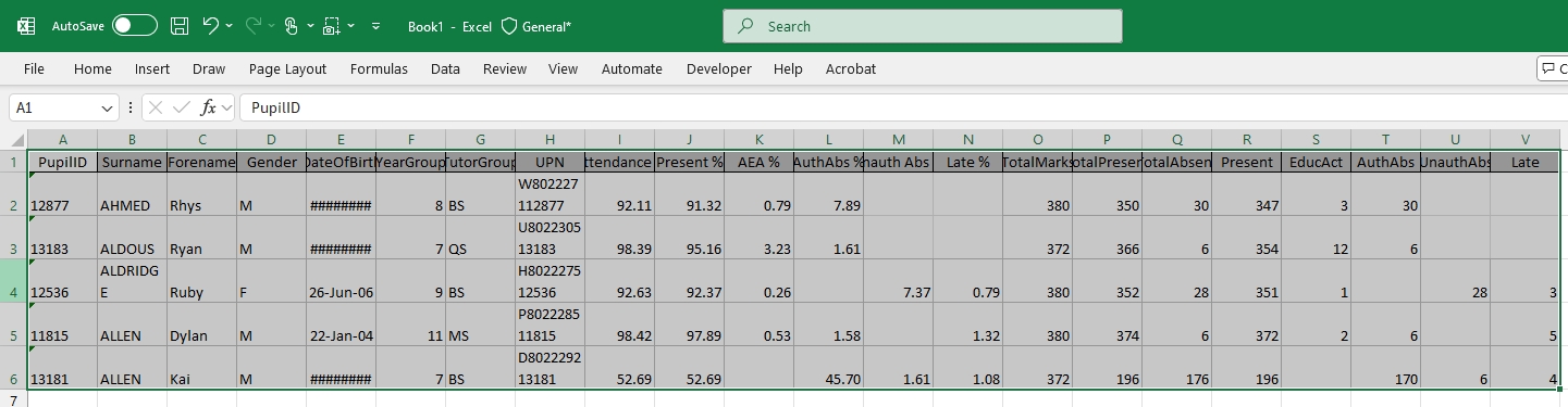 Selected Data Pasted Into Excel