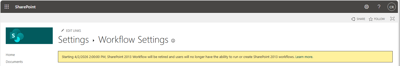 Workflow Settings Warning