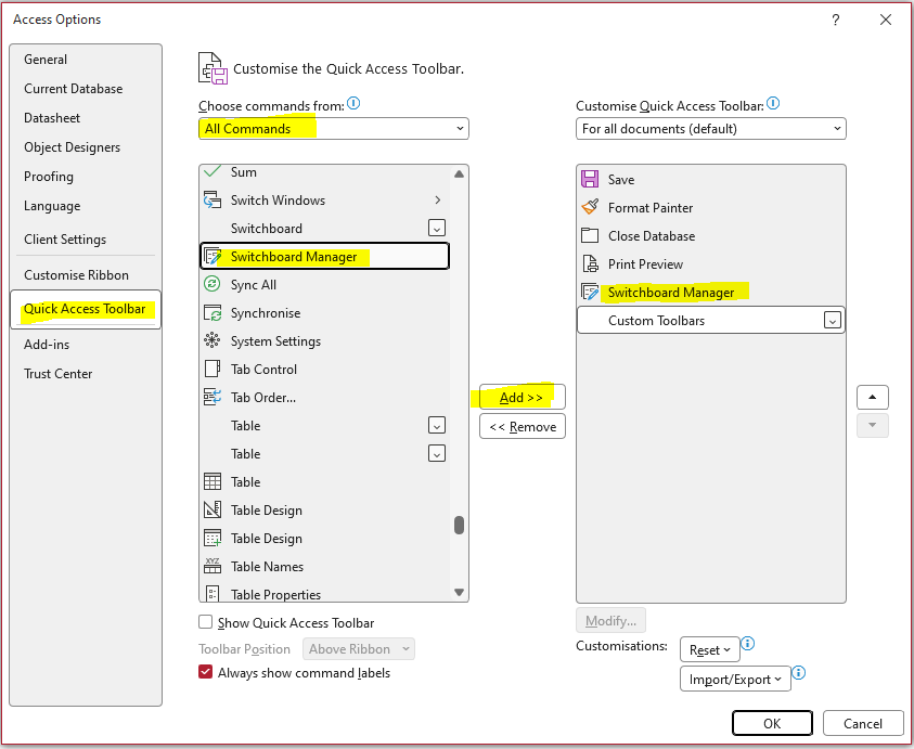 Access Options - Customise QAT
