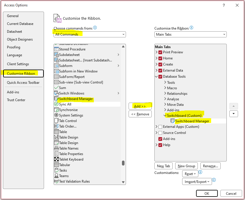 Access Options - Customise Ribbon