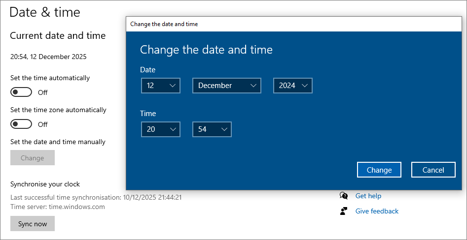 Change Date Time Settings