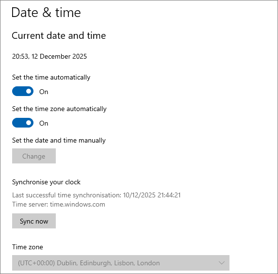 Default Date Time Settings